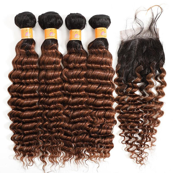 MarchQueen Ombre Hair T1b/30 Brazilian Human Hair Weave Deep Wave Hair 4 Bundles With Lace Closure 