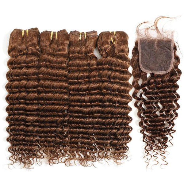 MarchQueen Cheap Deep Wave 4 Bundles With Closure Good Virgin Hair With 4x4 Lace Closure Weave 4# For Sew In