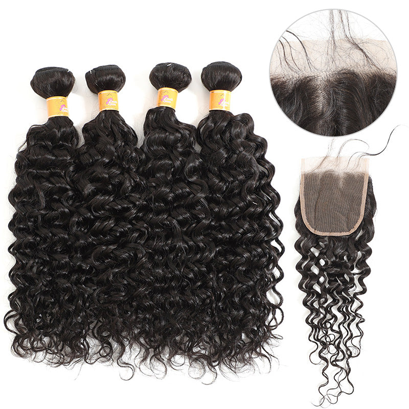 MarchQueen Peruvian Jerry Curl Hair 4 Bundles With Closure 4x4 Cheap Curly Hair Extensions On Sale 1b#