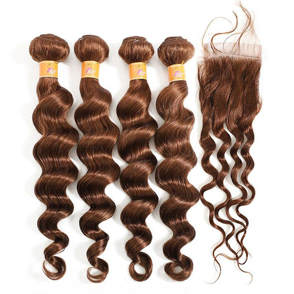 MarchQueen Loose Deep Human Hair 4 Bundles With Closure 4x4 goodHuman Hair Extensions Cheap Remy Hair 4#