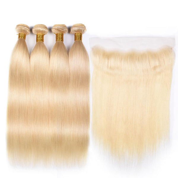 MarchQueen 613# Blonde Hair Color Straight Human Hair 4 Bundles With 13 By 4 inch Frontal Closure