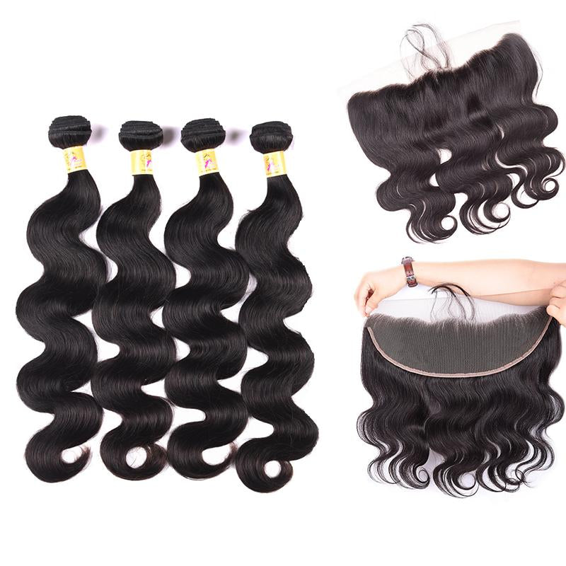 MarchQueen 13x4 Lace Frontal Closure With 4 Bundles Of Brazilian Body Wave 1b#