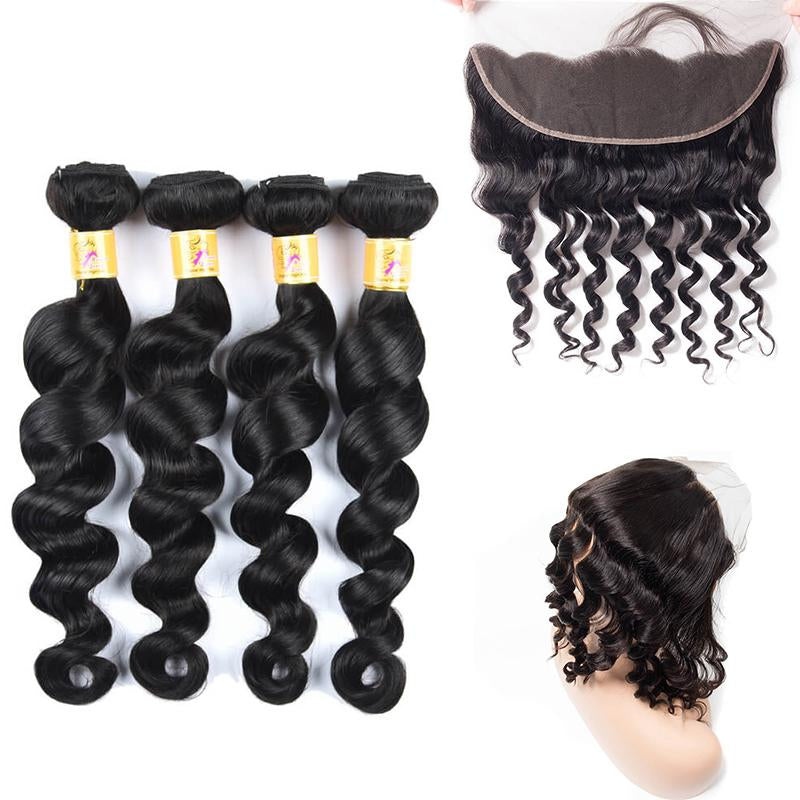 MarchQueen Brazilian Loose Deep Wave 13x4 Lace Frontal Closure With 4 Bundles 1b