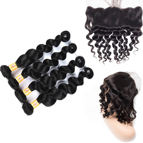 MarchQueen Ear To Ear Lace Frontal With 4 Bundles Peruvian Loose Deep Wave Weave With Frontal