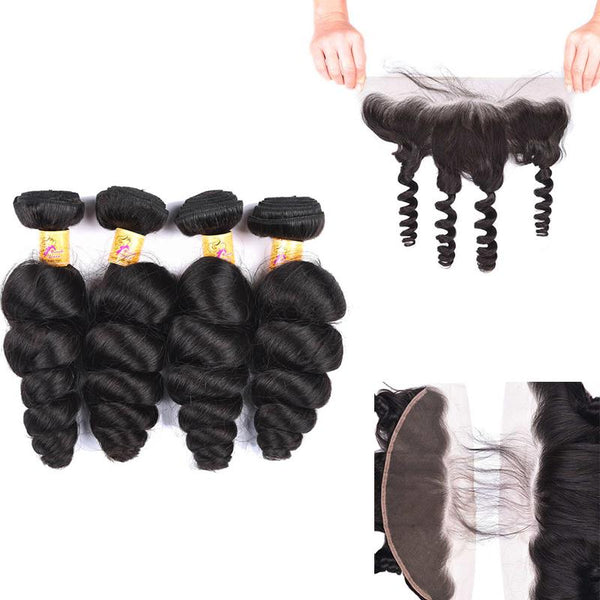 MarchQueen Brazilian Loose Wave Hair 13x4 Lace Frontal Closure With 4 Bundles 1b#