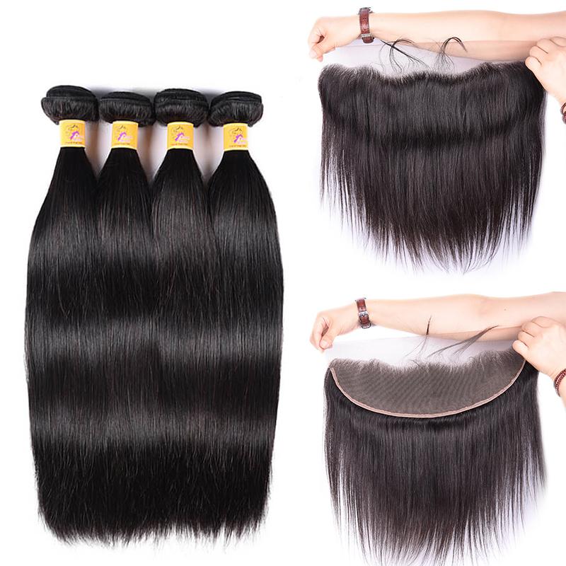MarchQueen 13x4 Lace Frontal Closure With 4 Bundles Of Brazilian Straight Hair