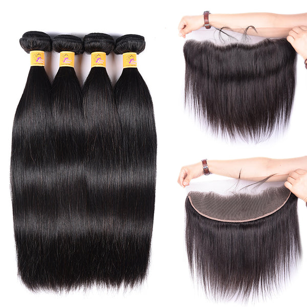 MarchQueen Peruvian Virgin Hair Straight Weave 4 Bundles With Lace Frontal Closure