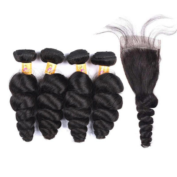 MarchQueen Brazilian Virgin Hair Loose Wave Hair 4 Bundles With  4x4 Lace Closure 1b#