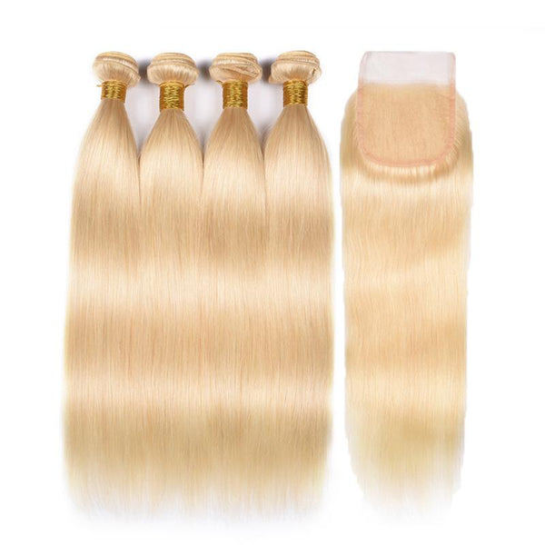 MarchQueen 100% Human Remy Hair 613 Blonde Straight Hair Weave 4 Bundles With Closure