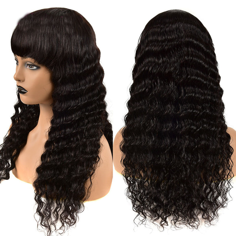 Glue Free Deep Wave Human Hair Curly Wig With Bangs Machine Made Glueless Breathable Wig Super Affordable