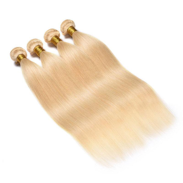 MarchQueen 613# Blonde Hair Color Straight Human Hair 4 Bundles With 13 By 4 inch Frontal Closure