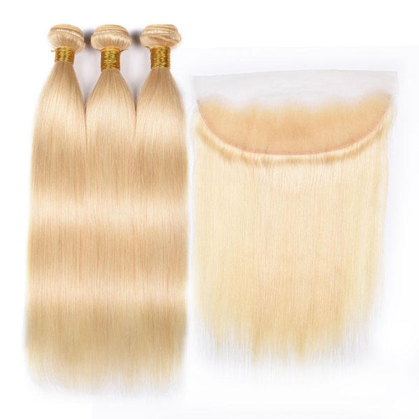 613 Brazilian Premium Blonde Straight Hair 3 Bundles With Frontal Closure With Baby Hair