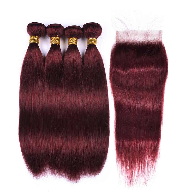 MarchQueen 99j Hair Color Weave Straight Human Hair 4 Bundles With Lace Closure