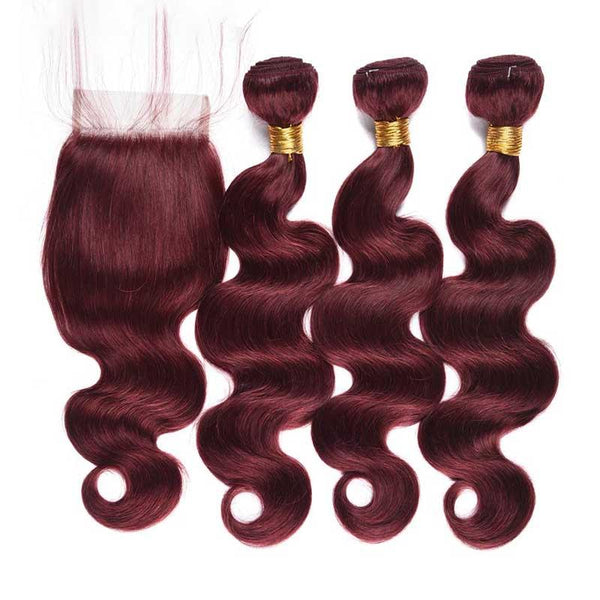 MarchQueen 99j Red Wine Colored Weave Human Hair Body Wave 3 Bundles With Closure