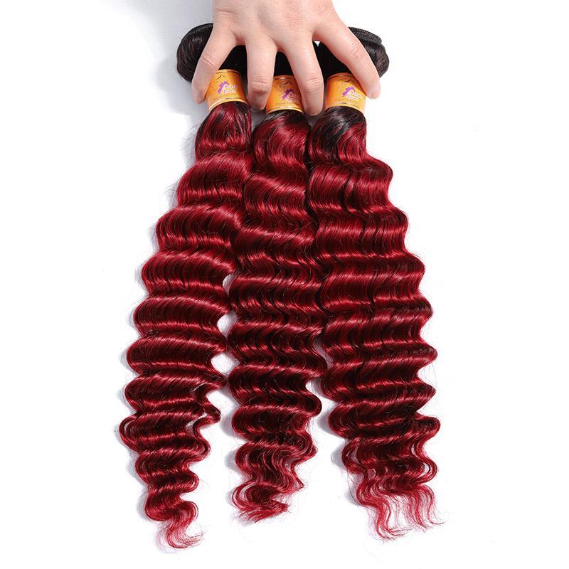 MarchQueen goodDeep Wave Hair Ombre Color 1B Burgundy Human Hair Wave Natural Hair Bundles 3 pcs For Sew In
