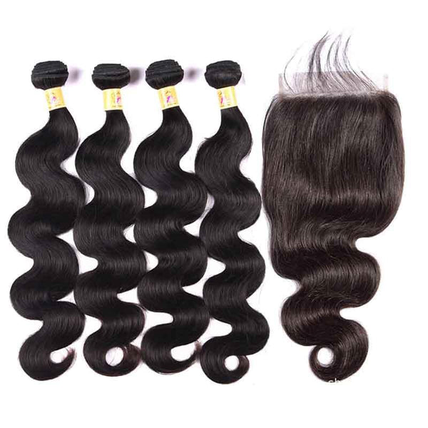 MarchQueen Body Wave Hair 4 Bundles With Swiss Lace Closure 6x6 100% Remy Human Hair Closure 1b#