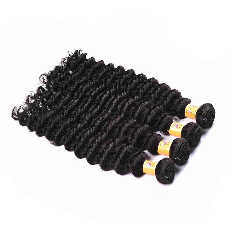 MarchQueen Brazilian Deep Wave Hair 13x4 Lace Frontal Closure With 4 Bundles 1b#