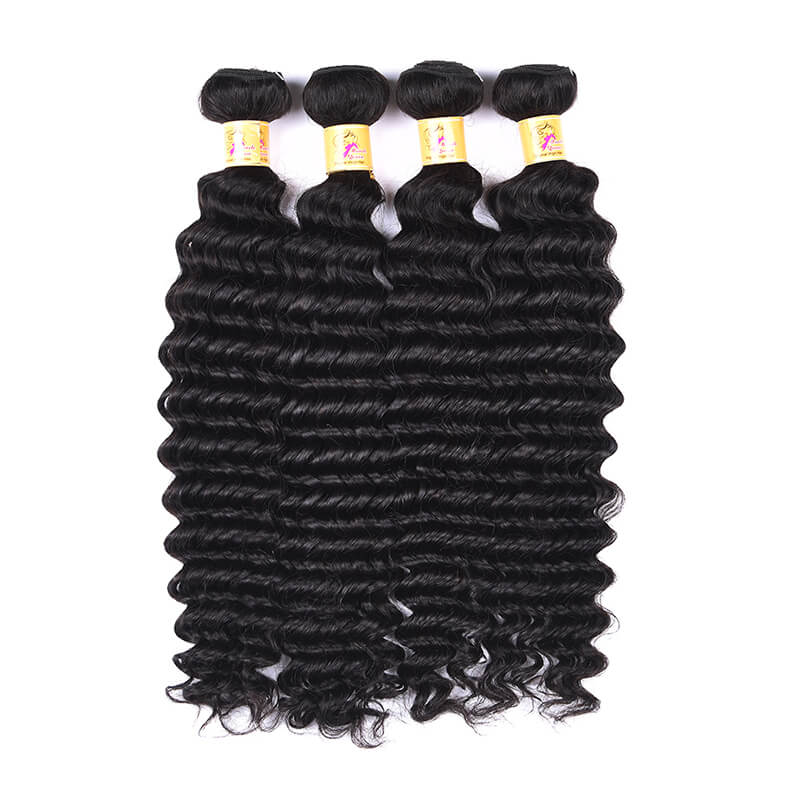 MarchQueen Brazilian Deep Wave Hair 13x4 Lace Frontal Closure With 4 Bundles 1b#