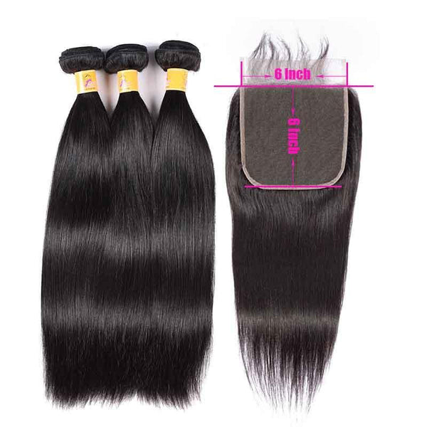MarchQueen Hair 3 Bundles With Lace Closure 6x6 Free Part Brazilian Straight Hair Weave With Closure