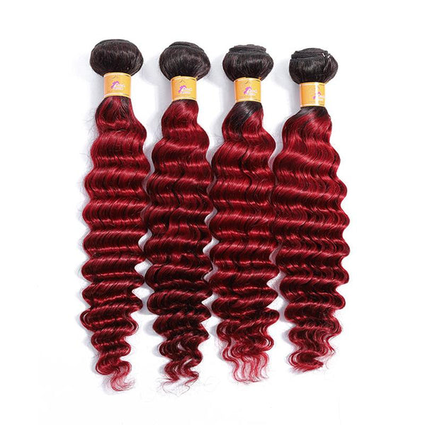 MarchQueen Cheap Deep Wave Bundles Real Brazilian Hair Virgin Afro Weave Human Hair Ombre 1B Burgundy 4pcs 