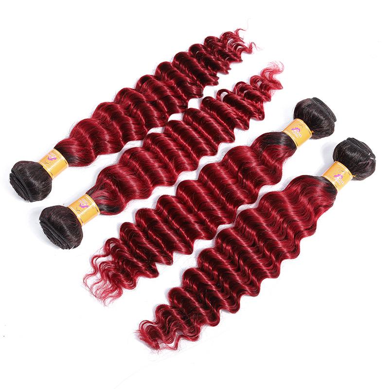 Deep Wave Bundles Real Brazilian Hair 4pcs ombre 1B Burgundy