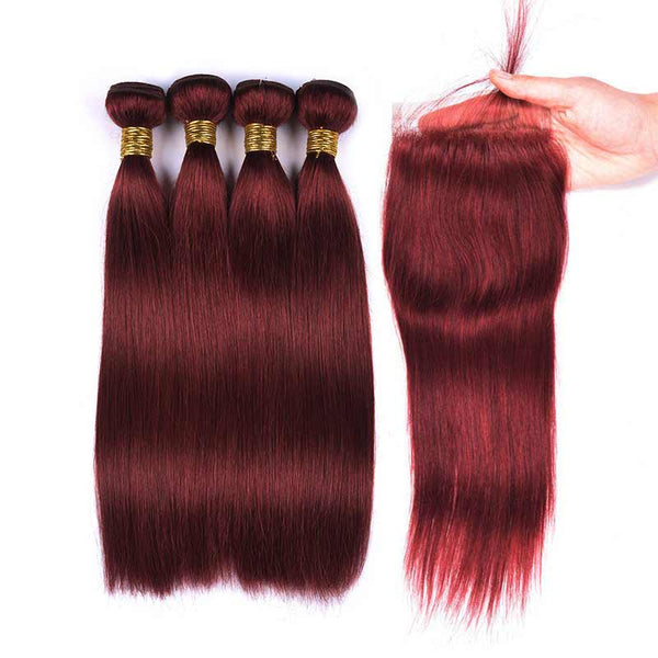 MarchQueen Color Weave Hair 33# Straight Human Hair 4 Bundles With Lace Closure