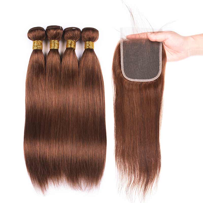 MarchQueen Color 4 Weave Hair Brown Human Hair Straight 4 Bundles With Closure