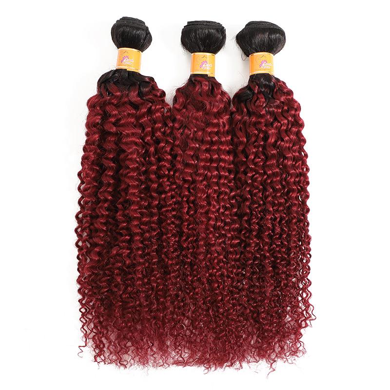 MarchQueen Curly Afro Hair Weave Virgin Remy Hair Ombre T1b Burgundy Curly Weave 3 Bundles Of Hair For Sale