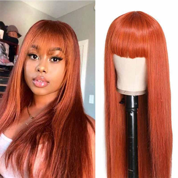 Fashion Orange Ginger Color Affordable Human Hair Wigs with Bangs Non Lace Machine Made Wigs Long Straight For Black Women