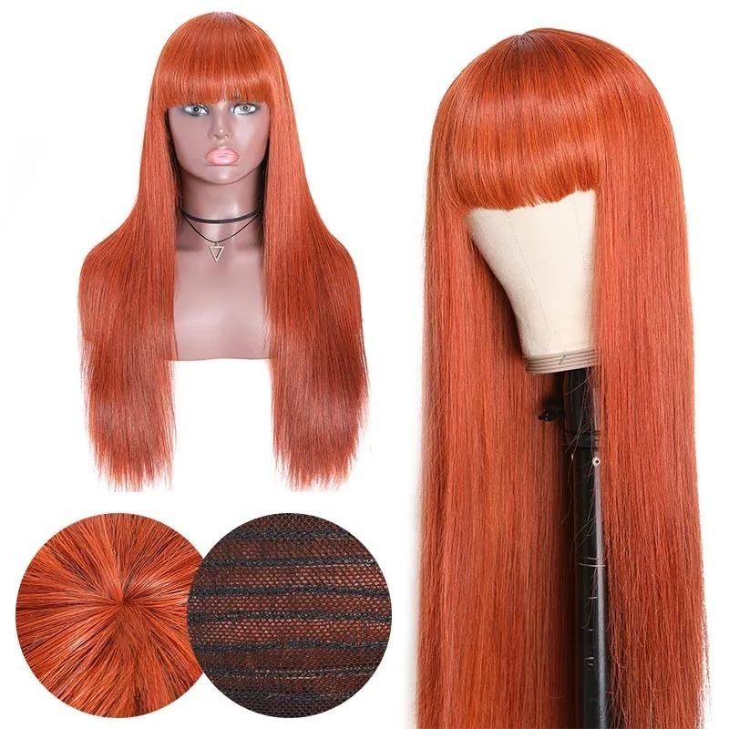 Fashion Orange Ginger Color Affordable Human Hair Wigs with Bangs Non Lace Machine Made Wigs Long Straight For Black Women
