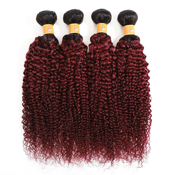 MarchQueen Virgin Brazilian Hair Cheap Curly Weave 4 Bundles T1b 99J Ombre Color 26 Inch Hair Extensions.