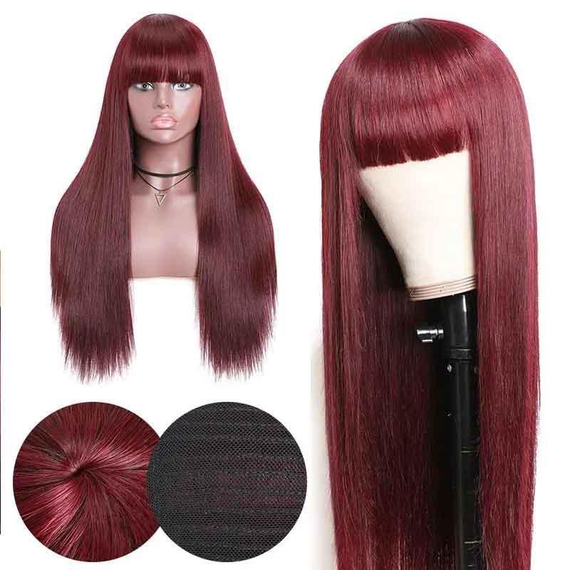 MarchQueen 99J Red Colored Glueless Human Hair Wigs With Bangs Machine Made Straight Hair Wigs for African American