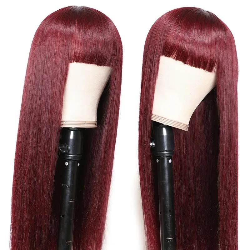 MarchQueen 99J Red Colored Glueless Human Hair Wigs With Bangs Machine Made Straight Hair Wigs for African American