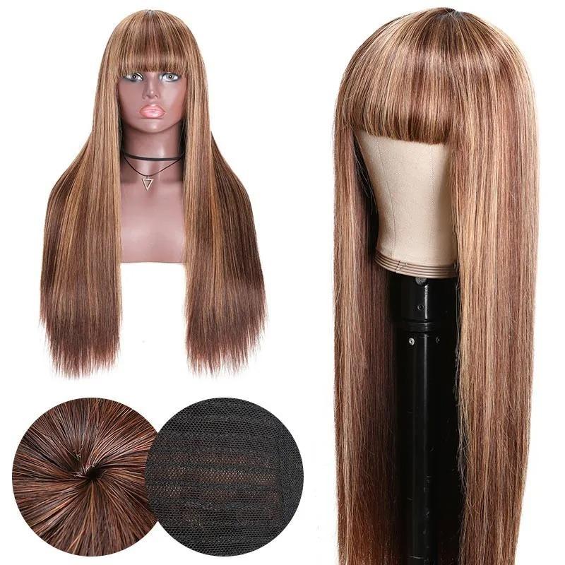 MarchQueen Blonde Highlight Wigs with Bangs Cheap Full Machine Made Wigs For Women with No Lace Glueless Human Hair Wigs