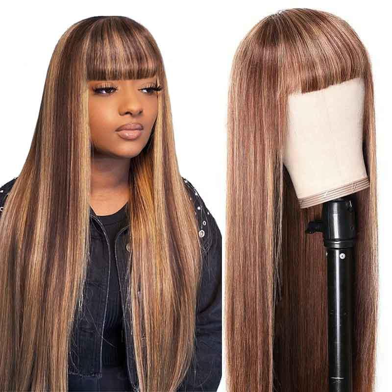 MarchQueen Blonde Highlight Wigs with Bangs Cheap Full Machine Made Wigs For Women with No Lace Glueless Human Hair Wigs