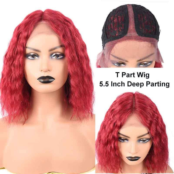March Queen T-part Water Wave Curly Bob Wigs 5.5 Inch Deep Parting Burgundy Red Lace Front Wig