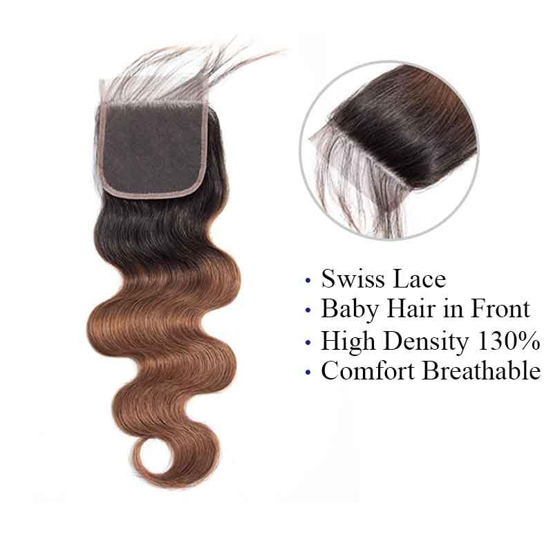 MarchQueen Peruvian Hair Ombre Body Wave 4 Bundles With Closure 1b/30 Dark Brown Human Hair Lace Closure