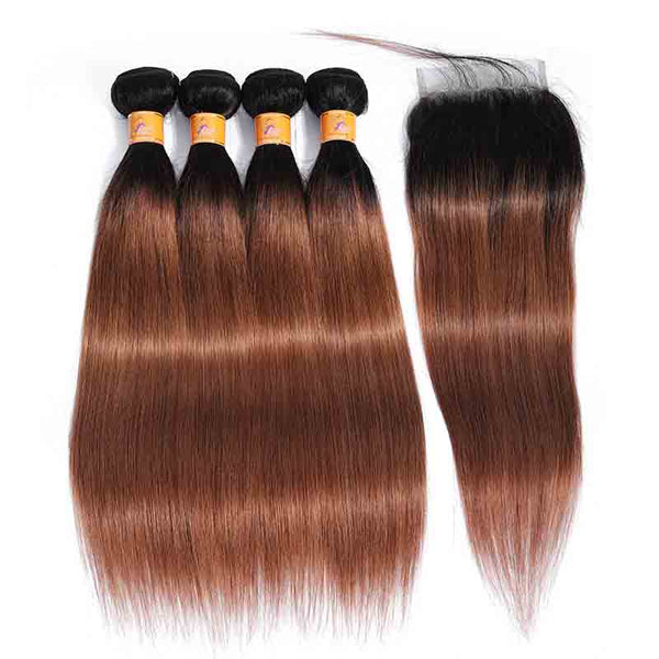 MarchQueen T1b 30 Ombre 4 Bundles With Closure Brown Brazilian Straight Human Hair Weave With Lace Closure