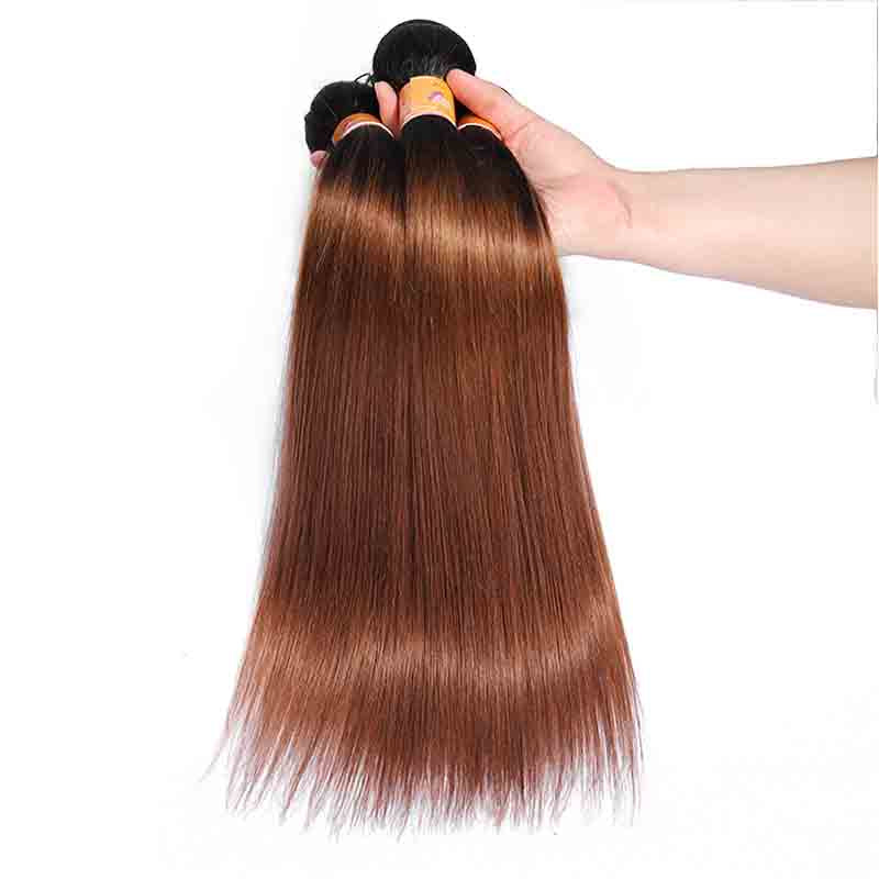 MarchQueen T1b 30 Ombre 4 Bundles With Closure Brown Brazilian Straight Human Hair Weave With Lace Closure