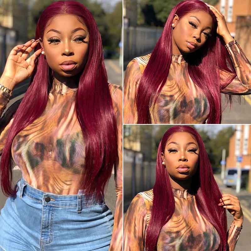 MarchQueen Burgundy 99j Colored Human Lace Front Wigs 180% Density Pre Plucked For Women