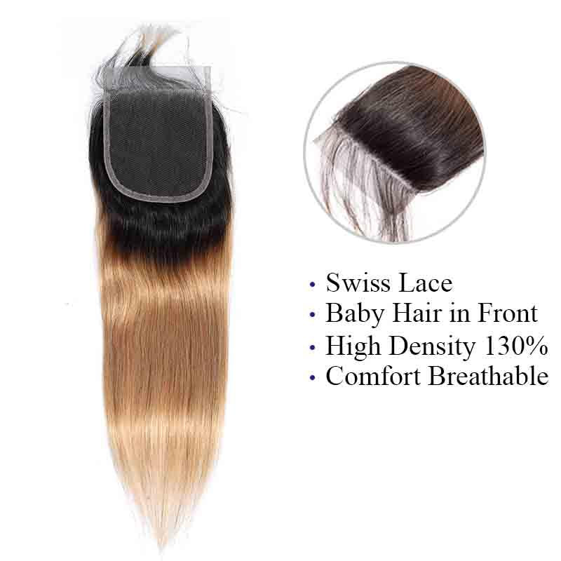 Marchqueen Brazilian Hair 4 Bundles Of 1b/27 100g Human Straight Hair Extensions With Closure Middle Part