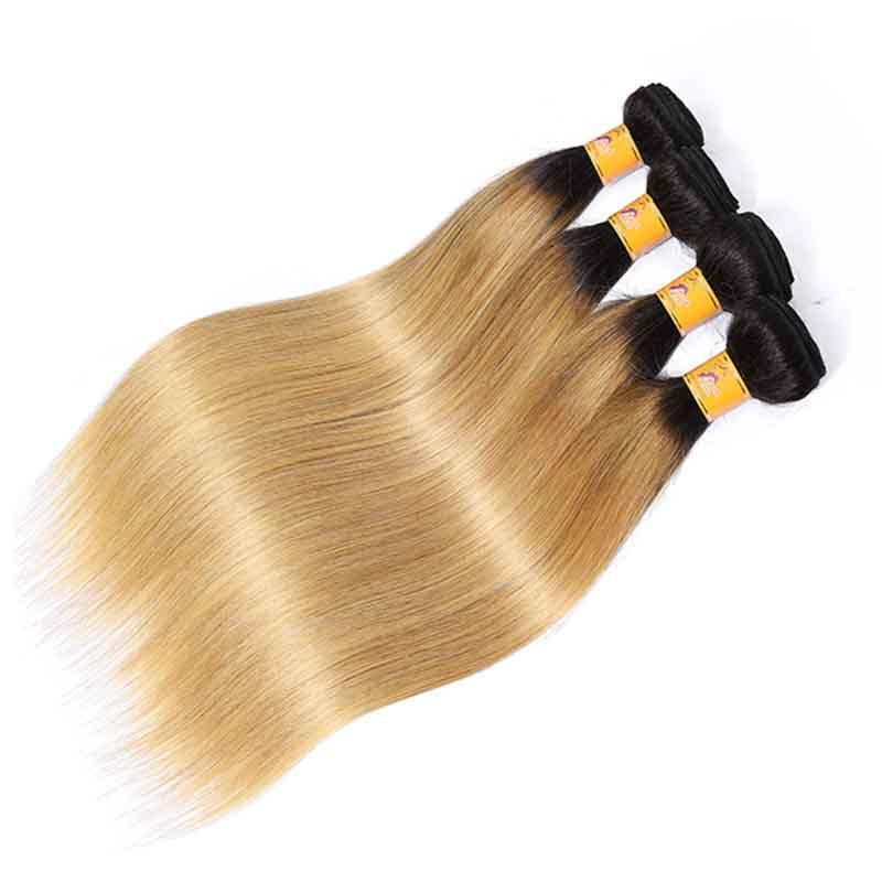 Marchqueen Brazilian Hair 4 Bundles Of 1b/27 100g Human Straight Hair Extensions With Closure Middle Part