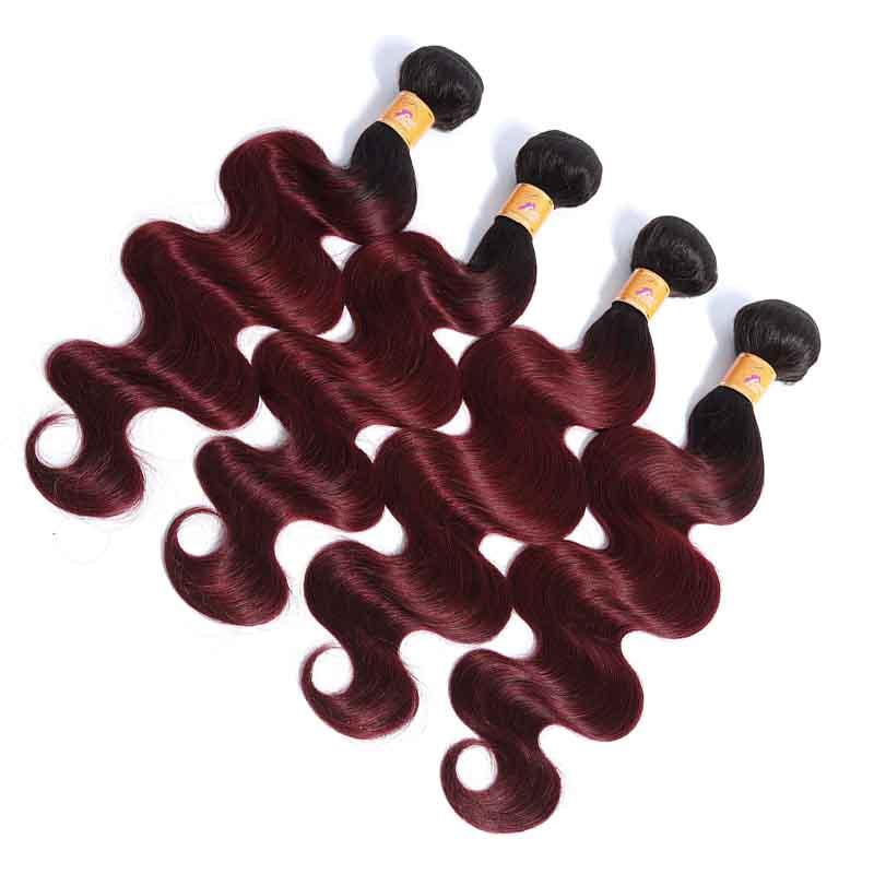 MarchQueen Ombre Human Hair 4 Bundles T1b/99j Red Wine Two Tone Hair Weave