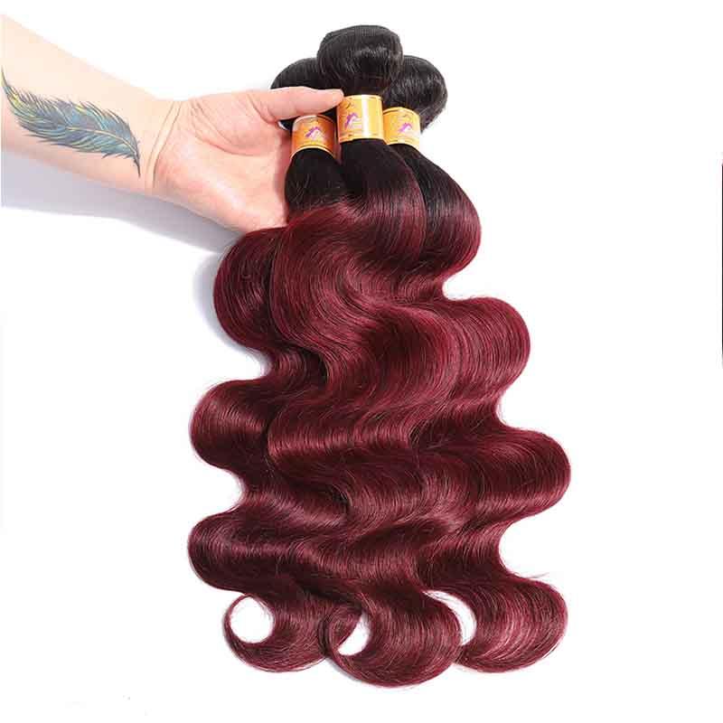 MarchQueen Ombre Human Hair 4 Bundles T1b/99j Red Wine Two Tone Hair Weave