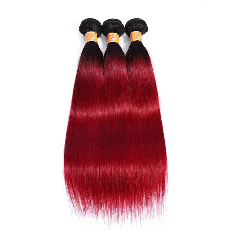 Marchqueen T1B/Bug Ombre Burgundy Weave Straight Human Hair 3 Red Bundles