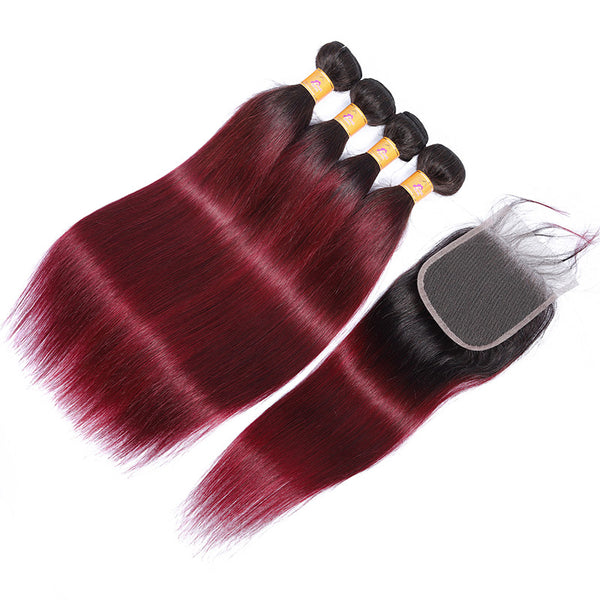 MarchQueen T1b/99j Cheap Brazilian Straight 4 Bundles With Closure Real Human Hair Weave Dyed Red