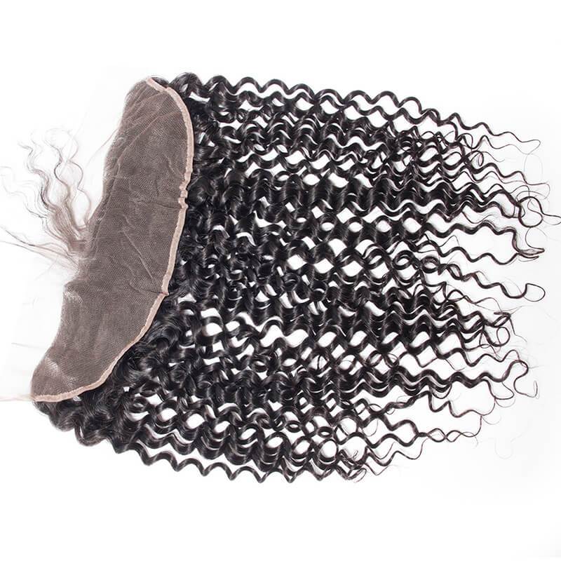 MarchQueen Peruvian Curly Human Hair 3 Bundles With Lace Frontal Closure 1b#