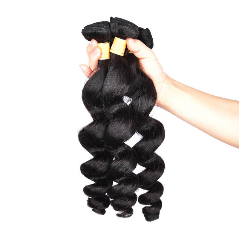MarchQueen Peruvian Loose Wave Hair 3 Bundles With Frontal Lace Closure 1b#