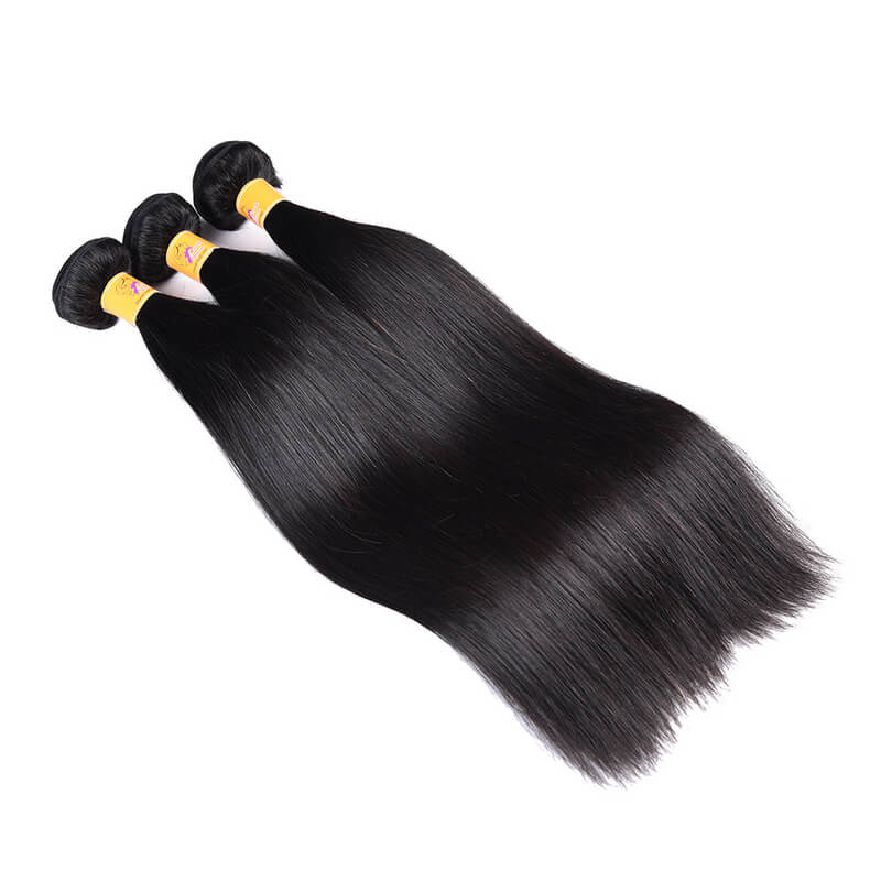 MarchQueen Peruvian Virgin Hair Straight Weave 3 Bundles With Lace Frontal 1b#