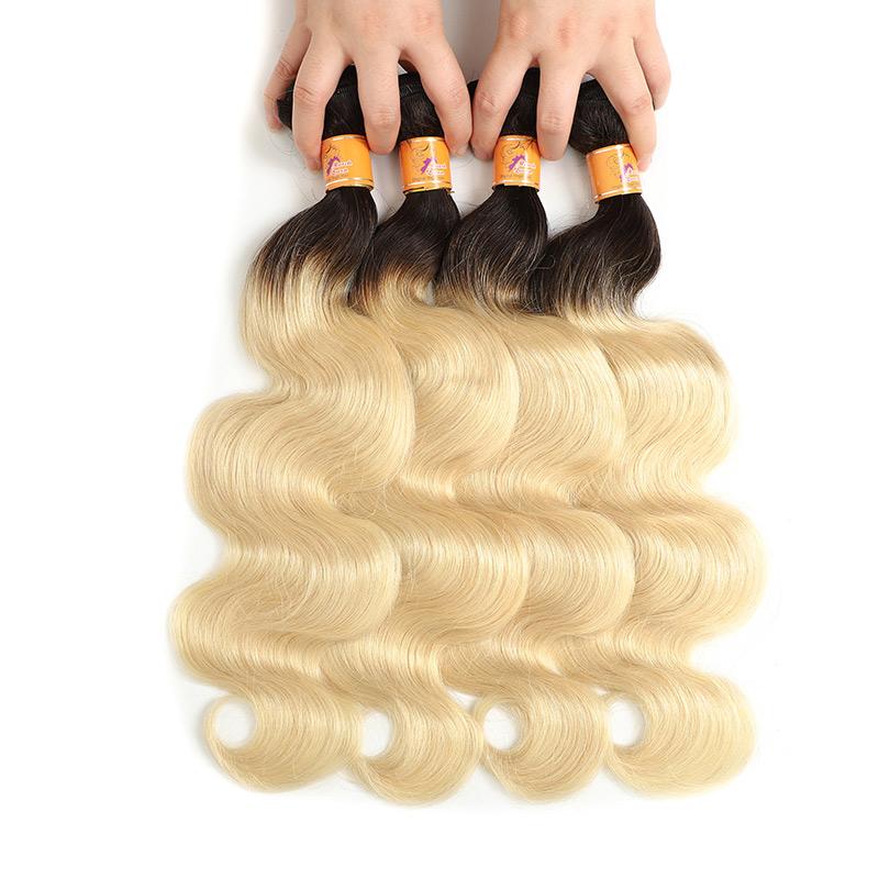 Remy Human Hair Weave Ombre Blonde Color Brazilin Body Wave 4 Bundles